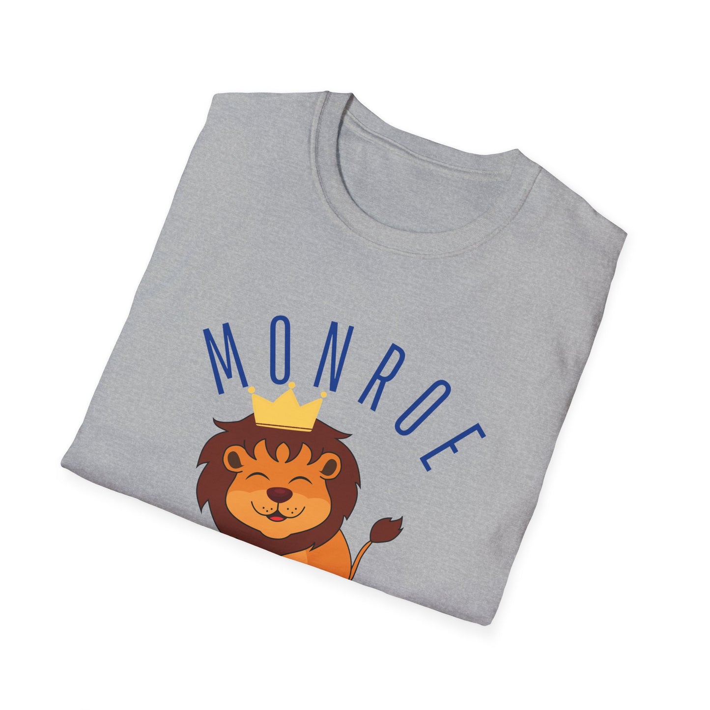 Monroe Monarchs in Blue Lettering with Cute Grinning Lion Adult T-Shirt - Fun & Stylish School Spirit Wear