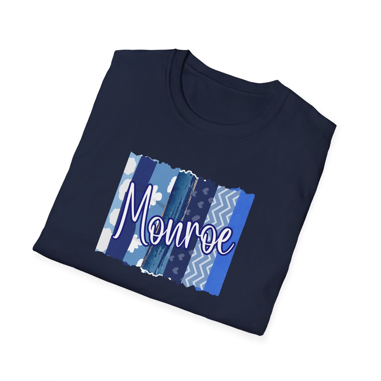 Monroe Blue Patchwork Unisex Softstyle T-Shirt - Perfect for Casual Wear & Gift Giving