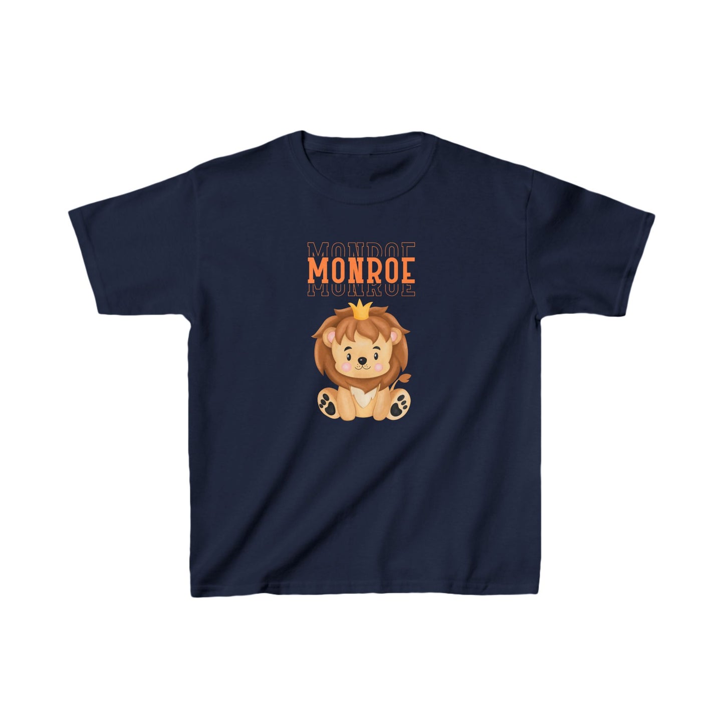 Kids Tee - Cute Lion with Crown and Monroe Lettering in Orange
