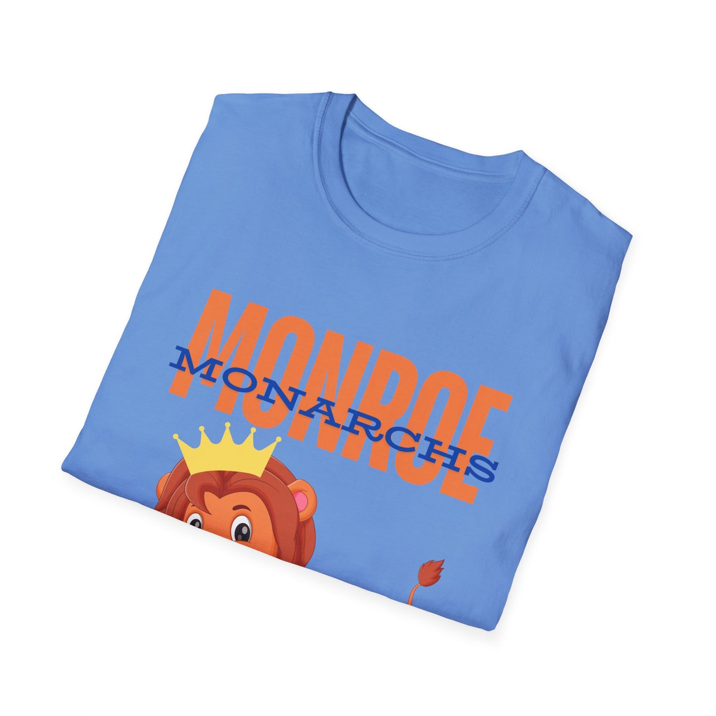 Monroe (Orange) Monarchs (Blue) with Cute Lion Wearing a Crown Leaping Adult Unisex Soft Tshirt