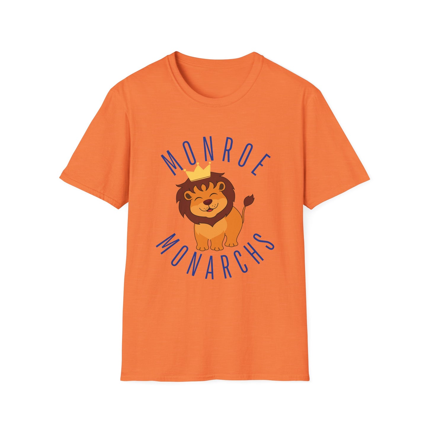 Monroe Monarchs in Blue Lettering with Cute Grinning Lion Adult T-Shirt - Fun & Stylish School Spirit Wear