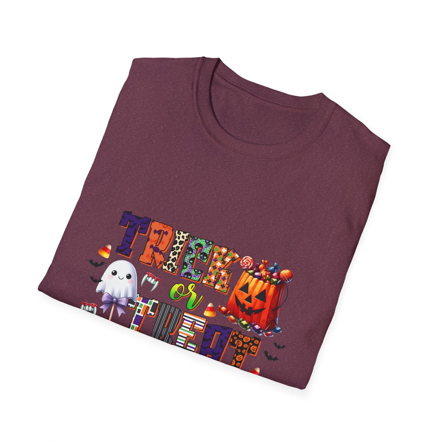 Halloween Trick or Treat T-Shirt - Unisex Softstyle Tee with Ghost and Pumpkin Design