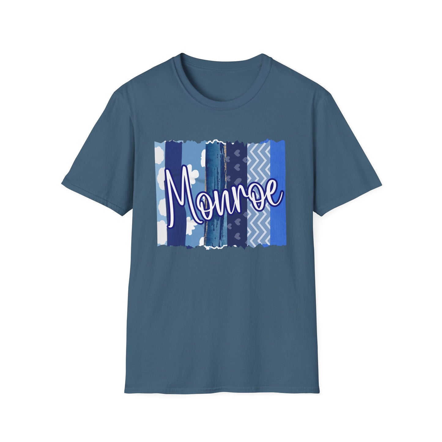Monroe Blue Patchwork Unisex Softstyle T-Shirt - Perfect for Casual Wear & Gift Giving