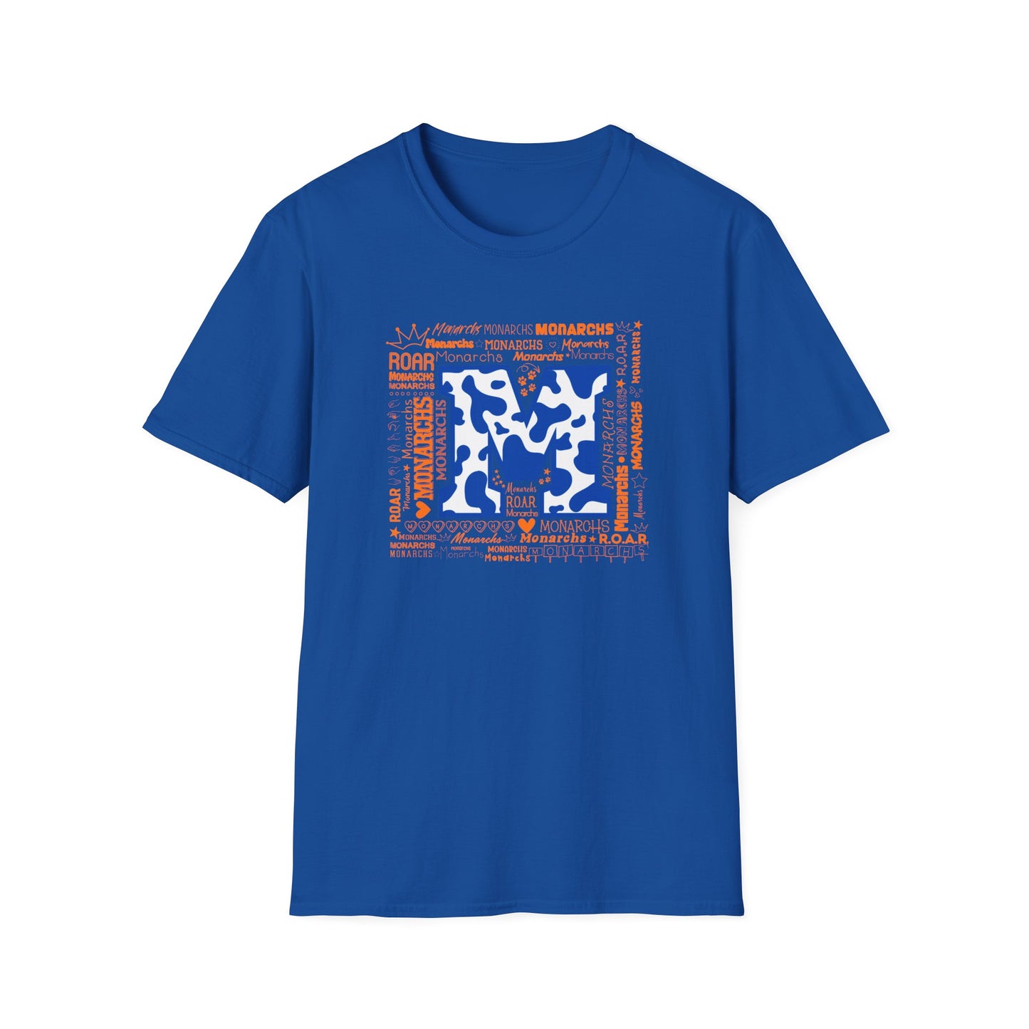 Blue Cow Print M Monarchs Unisex Softstyle T-Shirt - Monarchs Roar Graphic Tee for School Spirit