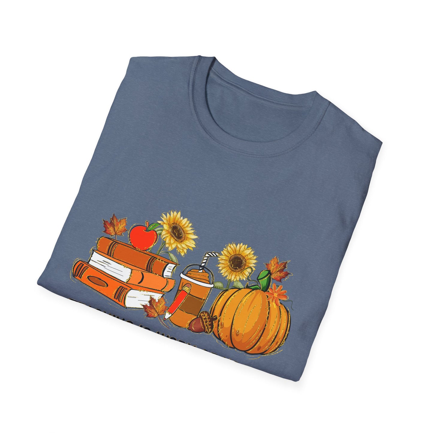 "Teaching is Work of Heart" Fall Teacher Unisex Softstyle T-Shirt - Pumpkin and Sunflower Design for Teachers