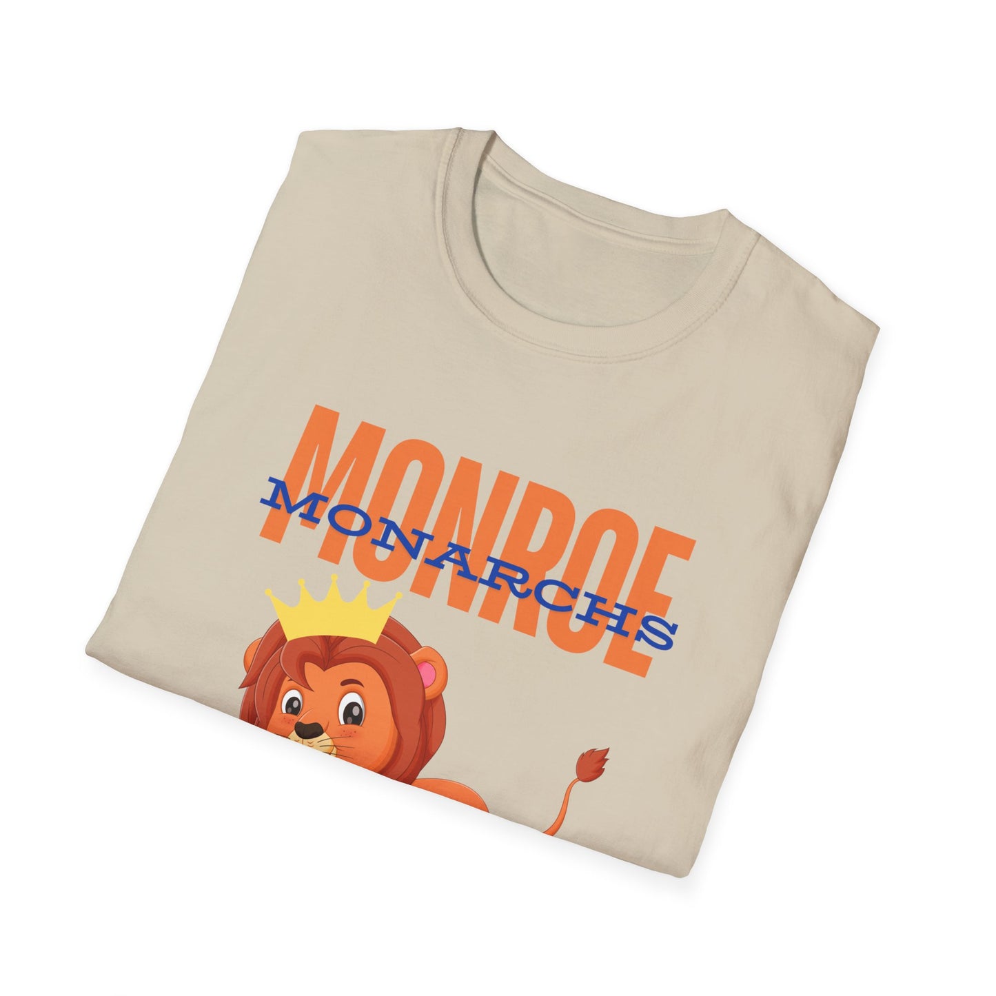 Monroe (Orange) Monarchs (Blue) with Cute Lion Wearing a Crown Leaping Adult Unisex Soft Tshirt