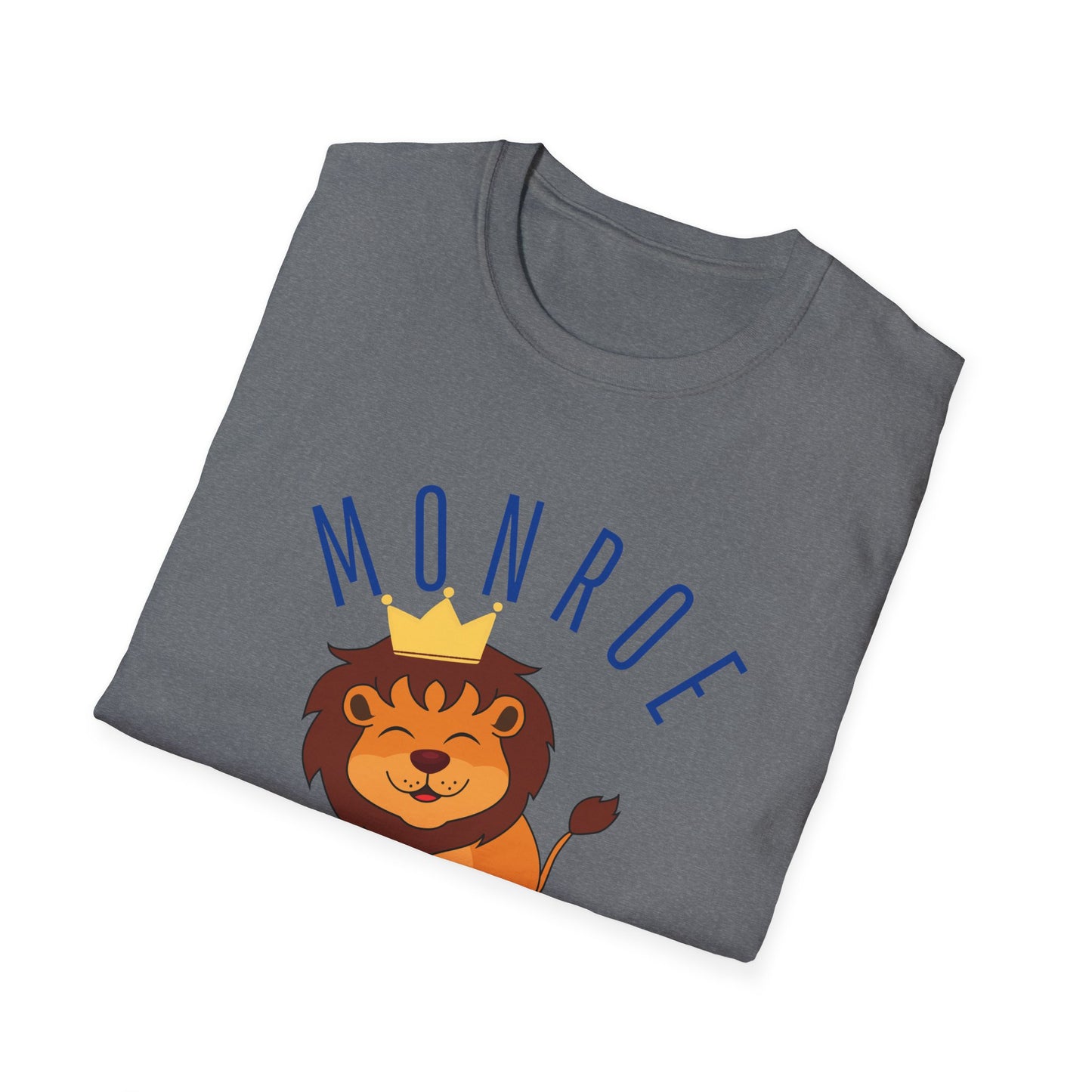 Monroe Monarchs in Blue Lettering with Cute Grinning Lion Adult T-Shirt - Fun & Stylish School Spirit Wear