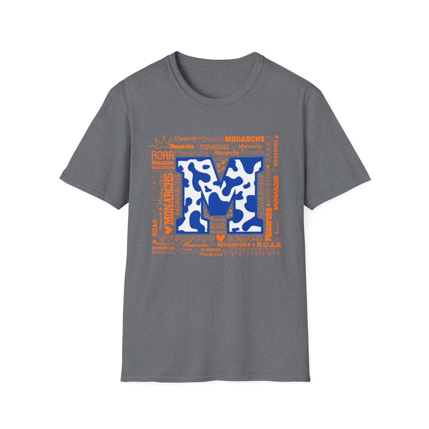 Blue Cow Print M Monarchs Unisex Softstyle T-Shirt - Monarchs Roar Graphic Tee for School Spirit