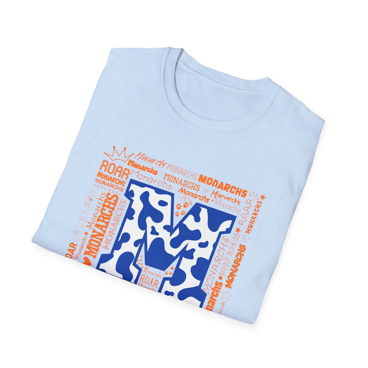 Blue Cow Print M Monarchs Unisex Softstyle T-Shirt - Monarchs Roar Graphic Tee for School Spirit