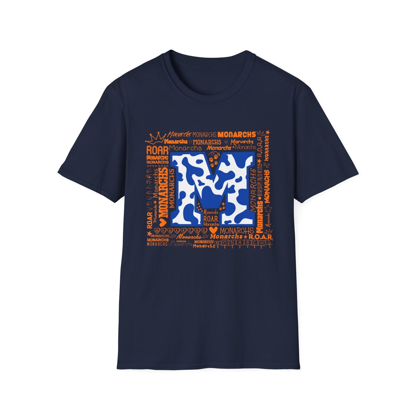 Blue Cow Print M Monarchs Unisex Softstyle T-Shirt - Monarchs Roar Graphic Tee for School Spirit