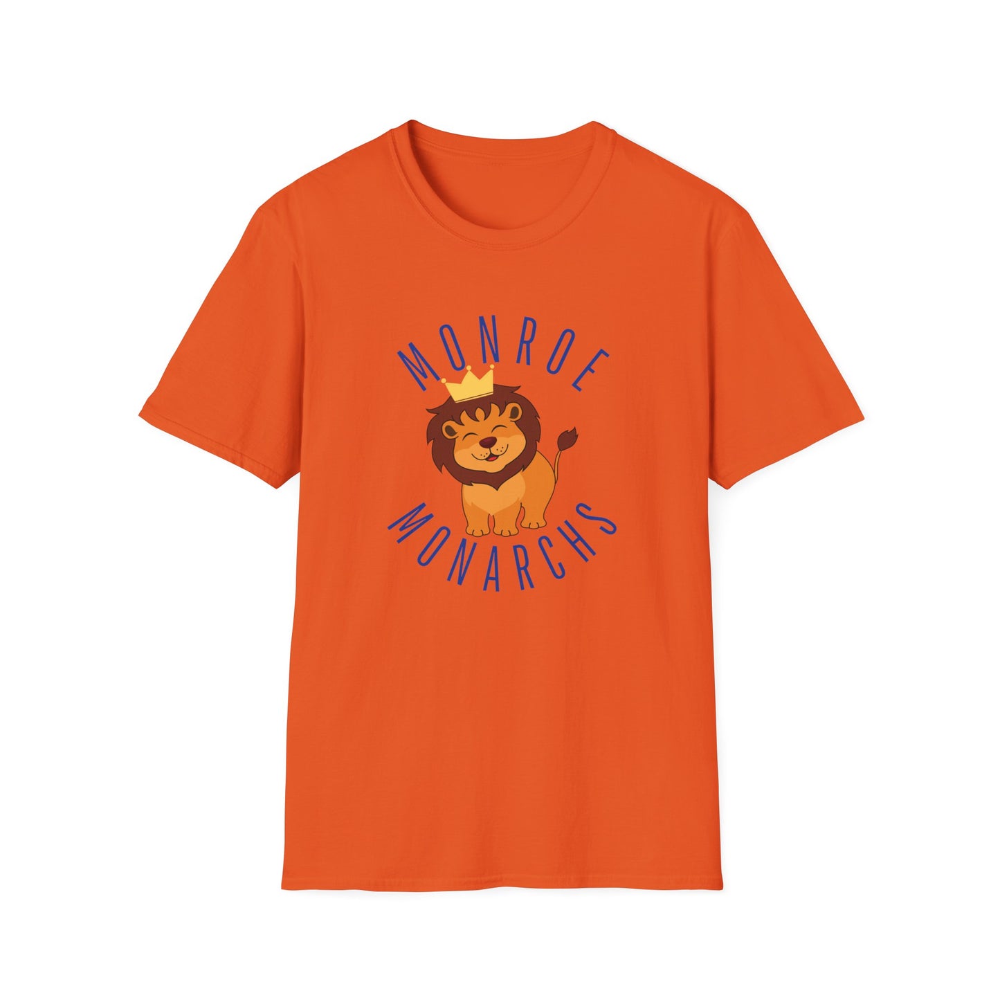 Monroe Monarchs in Blue Lettering with Cute Grinning Lion Adult T-Shirt - Fun & Stylish School Spirit Wear
