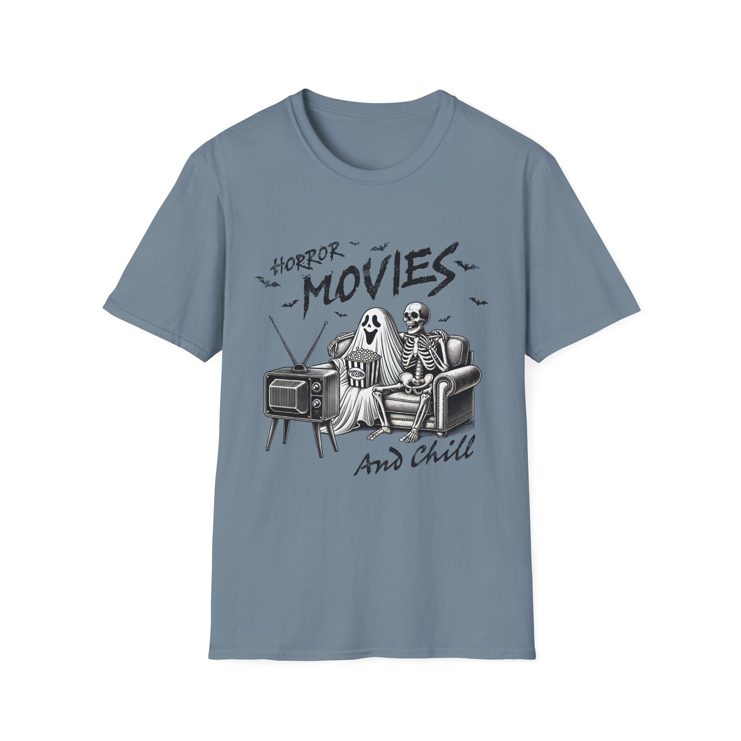 Horror Movies and Chill T-Shirt - Unisex Softstyle Tee for Movie Lovers- Great Halloween Tshirt
