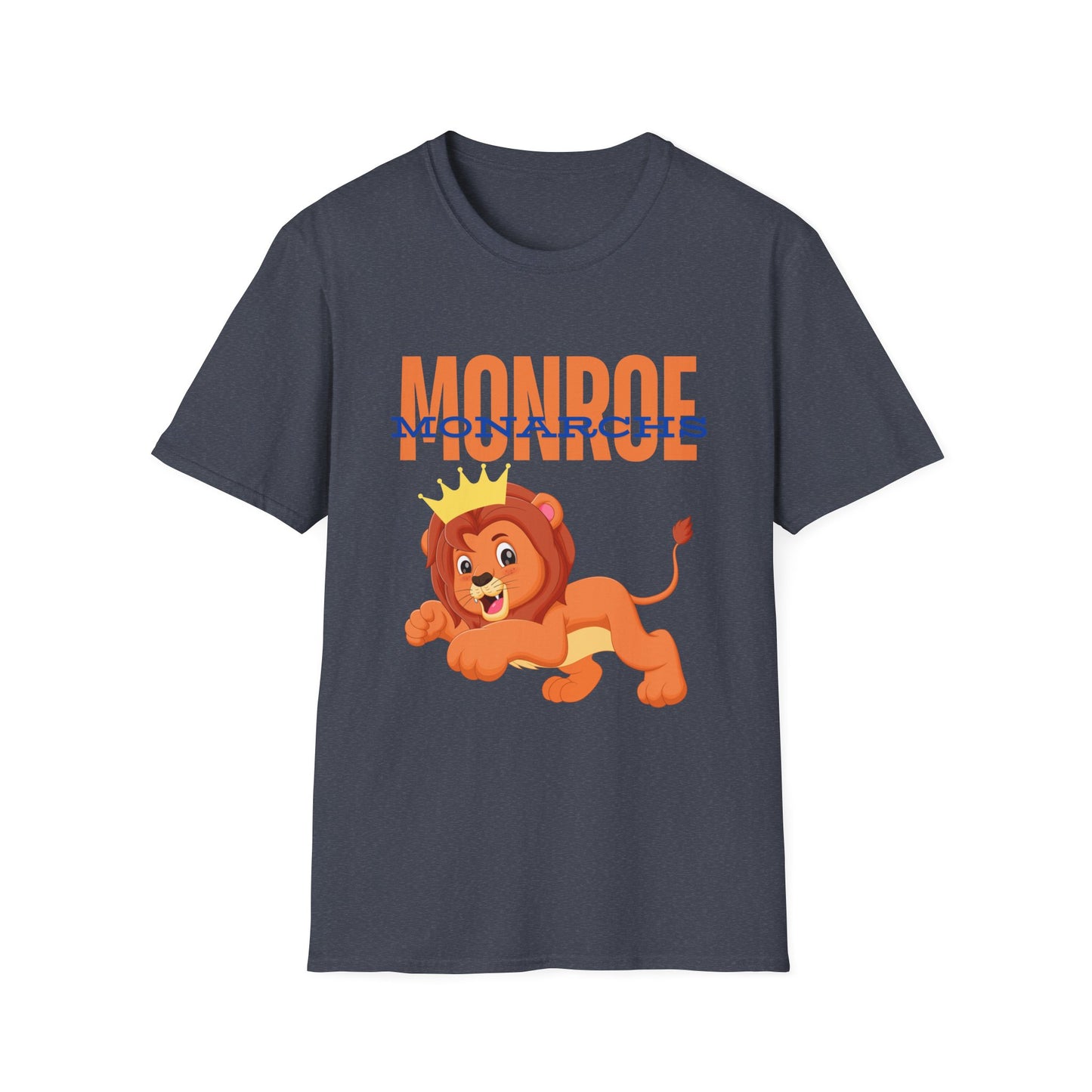 Monroe (Orange) Monarchs (Blue) with Cute Lion Wearing a Crown Leaping Adult Unisex Soft Tshirt