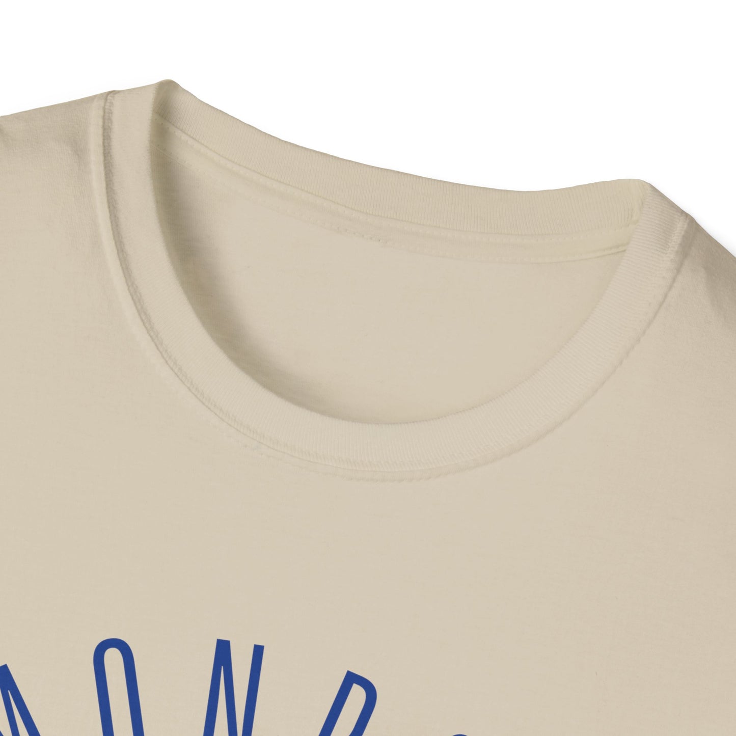 Monroe Monarchs in Blue Lettering with Cute Grinning Lion Adult T-Shirt - Fun & Stylish School Spirit Wear
