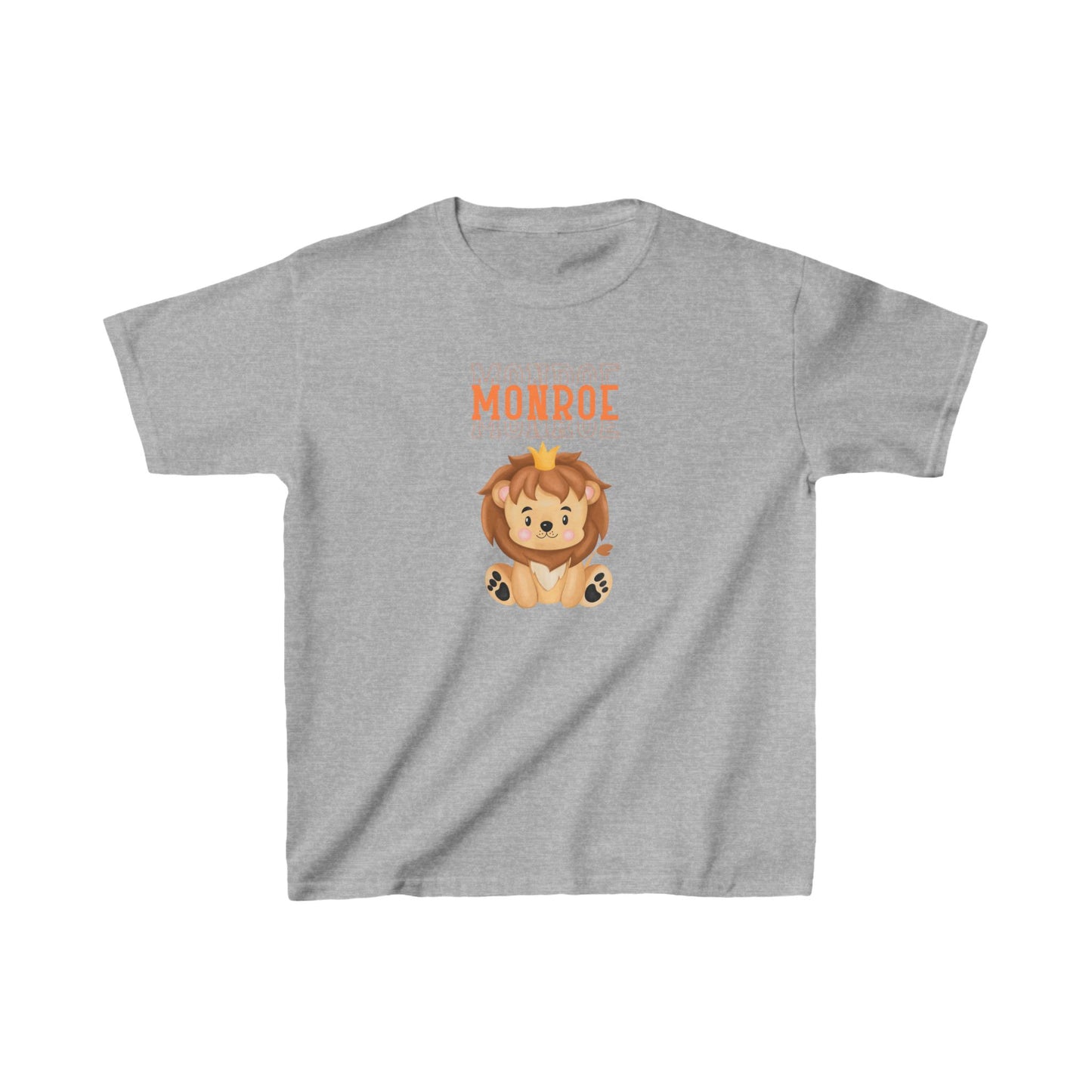 Kids Tee - Cute Lion with Crown and Monroe Lettering in Orange