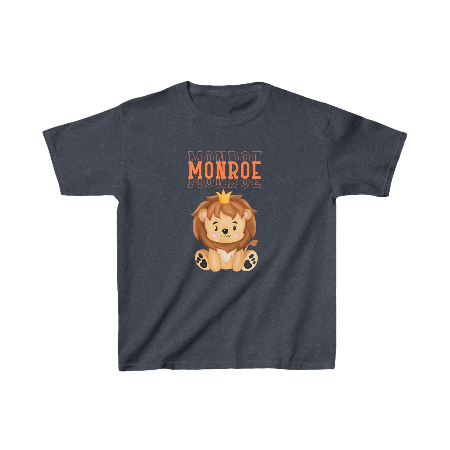 Kids Tee - Cute Lion with Crown and Monroe Lettering in Orange