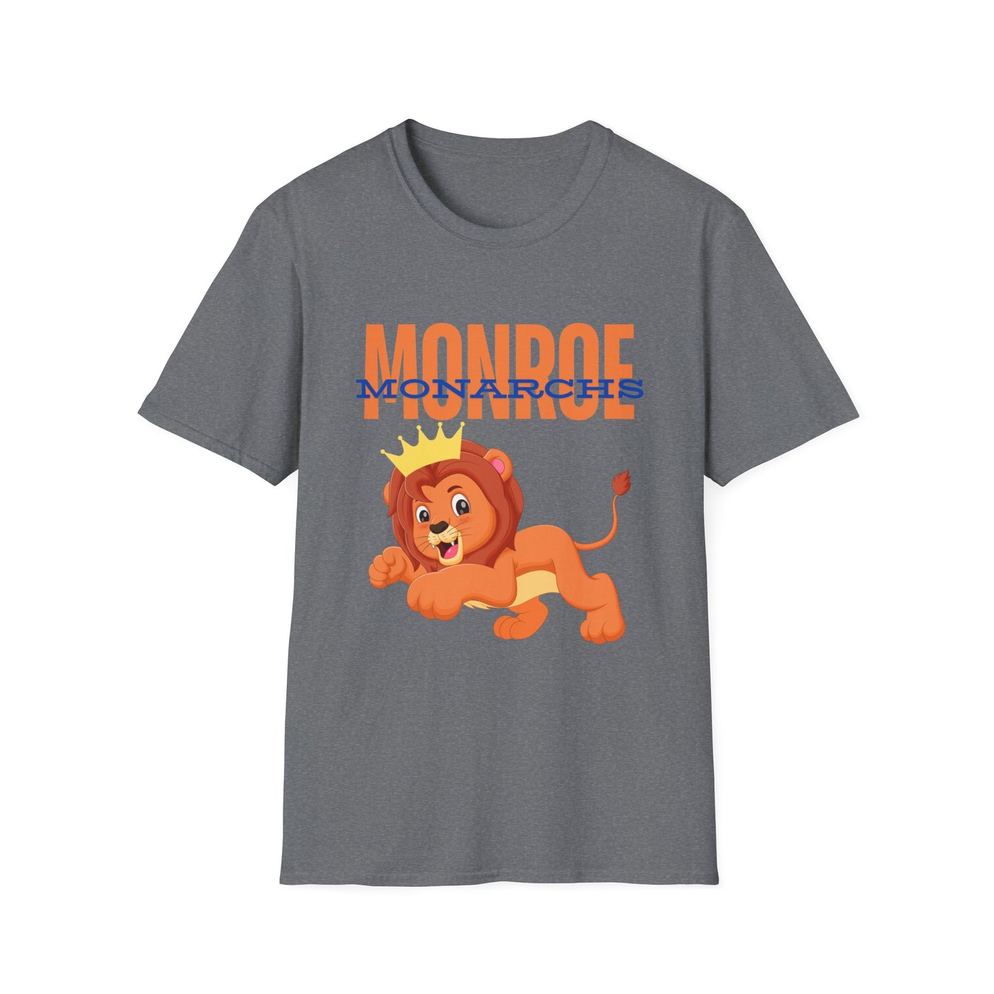 Monroe (Orange) Monarchs (Blue) with Cute Lion Wearing a Crown Leaping Adult Unisex Soft Tshirt