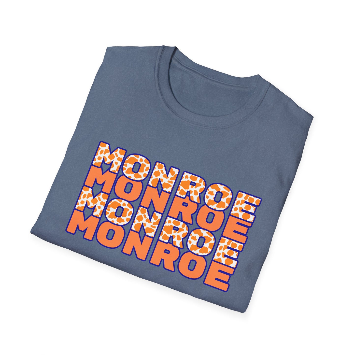 Monroe Cow Print Orange Graphic Unisex Softstyle T-Shirt - Casual Blue Tee for Every Occasion