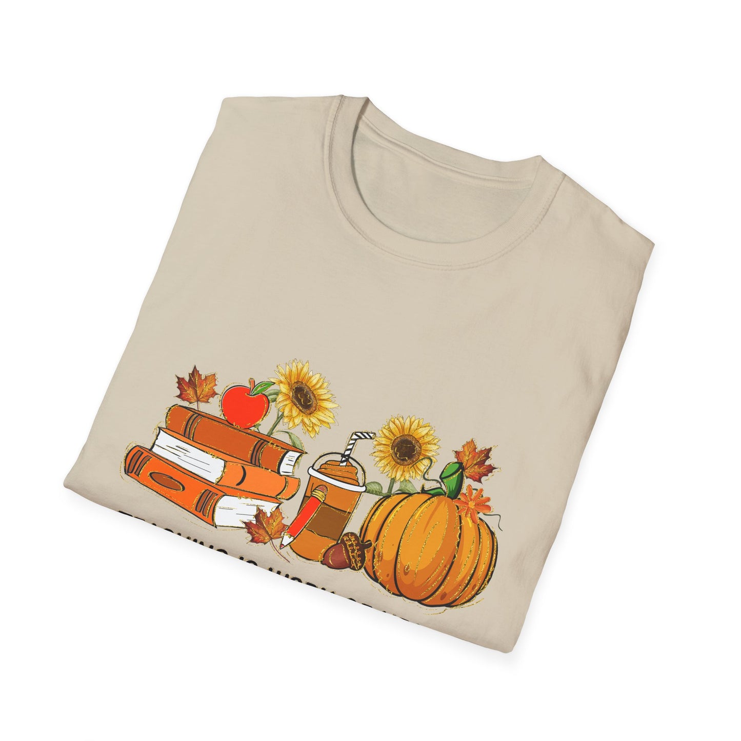 "Teaching is Work of Heart" Fall Teacher Unisex Softstyle T-Shirt - Pumpkin and Sunflower Design for Teachers