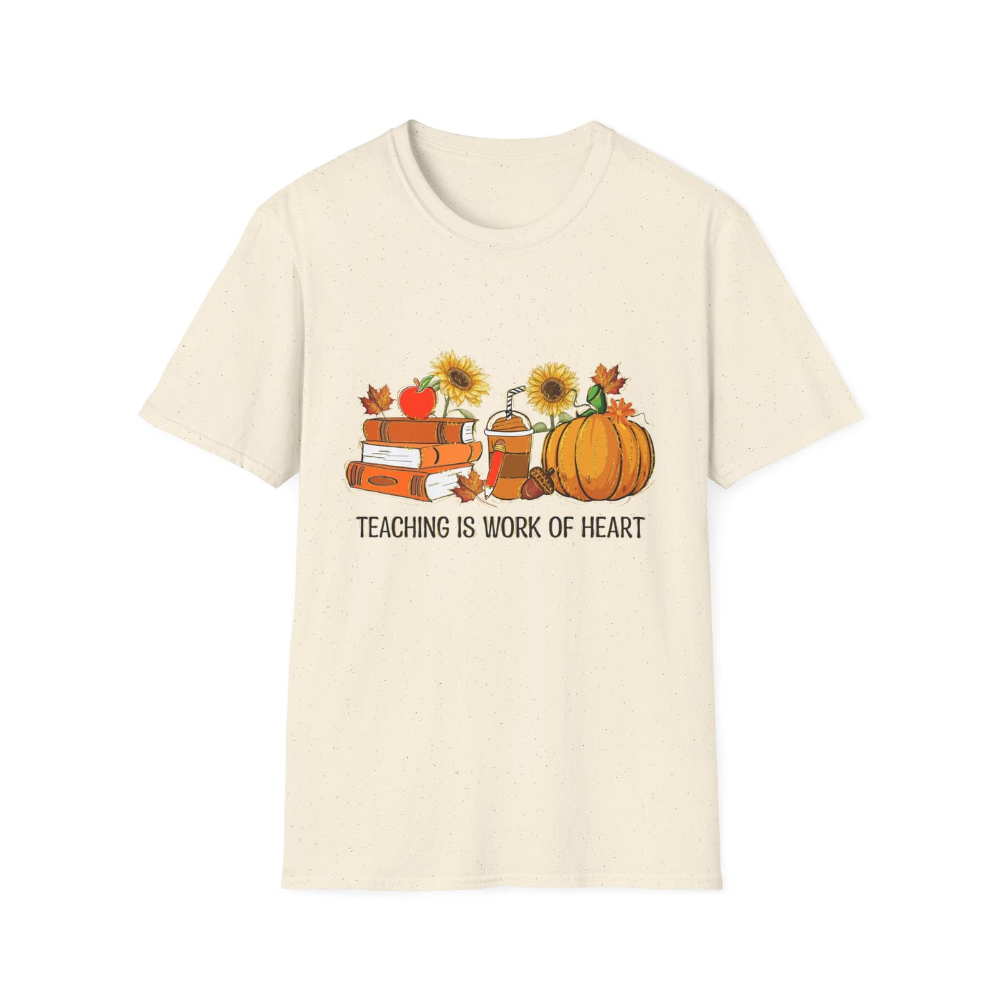 "Teaching is Work of Heart" Fall Teacher Unisex Softstyle T-Shirt - Pumpkin and Sunflower Design for Teachers