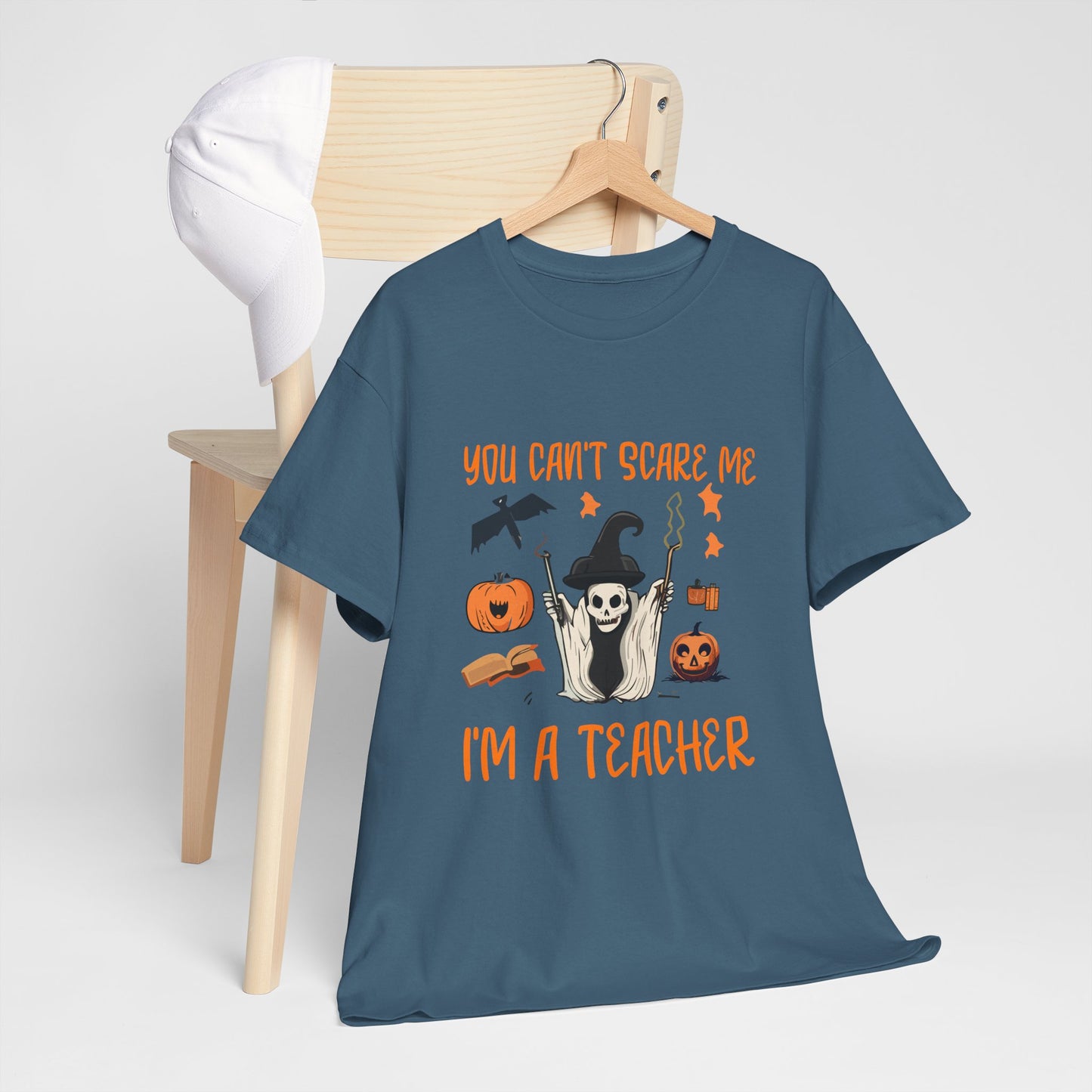 Halloween Teacher Tee - "You Can't Scare Me, I'm a Teacher" - Halloween School Teacher Unisex Heavy Cotton T-Shirt