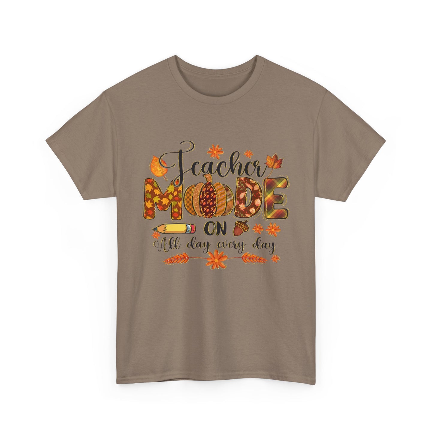 "Teacher Mode on Every Day All Day" Fall Teacher Unisex Heavy Cotton Tee - Fall Inspired Design