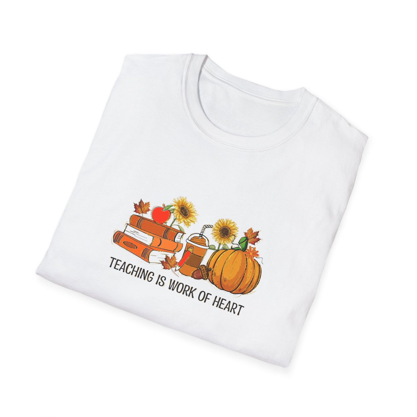 "Teaching is Work of Heart" Fall Teacher Unisex Softstyle T-Shirt - Pumpkin and Sunflower Design for Teachers