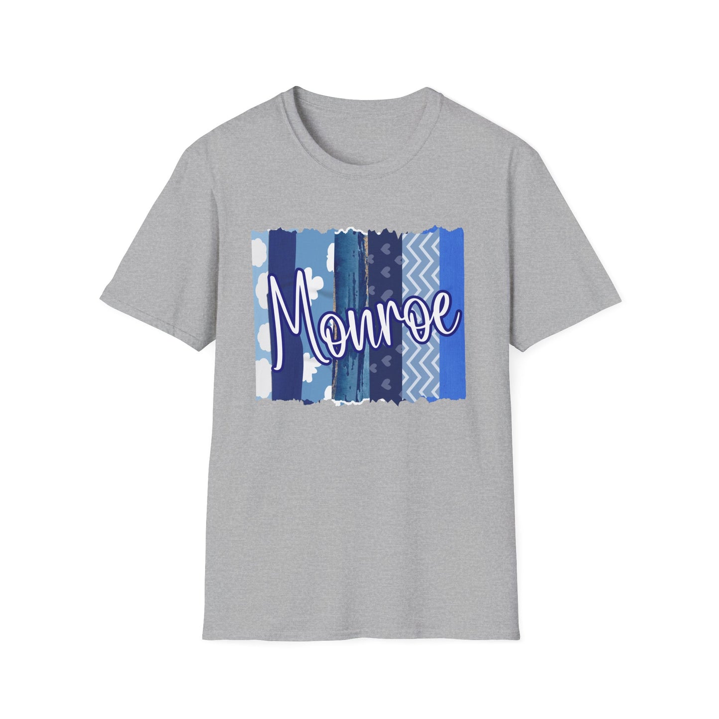 Monroe Blue Patchwork Unisex Softstyle T-Shirt - Perfect for Casual Wear & Gift Giving