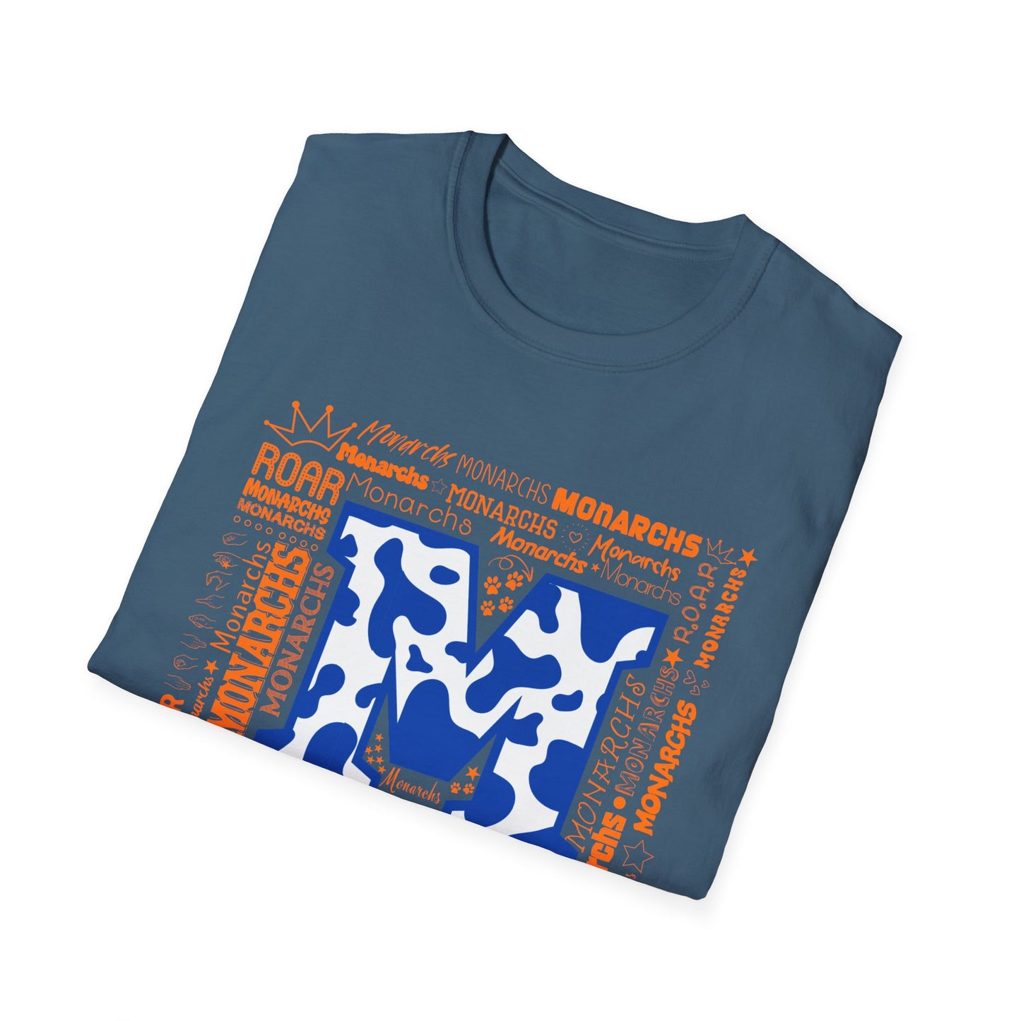 Blue Cow Print M Monarchs Unisex Softstyle T-Shirt - Monarchs Roar Graphic Tee for School Spirit