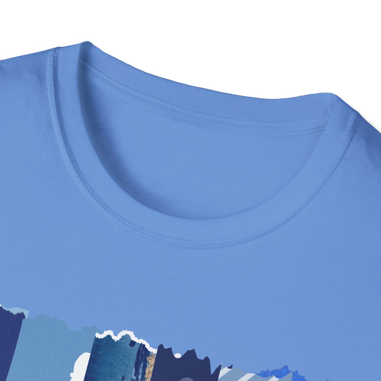 Monroe Blue Patchwork Unisex Softstyle T-Shirt - Perfect for Casual Wear & Gift Giving