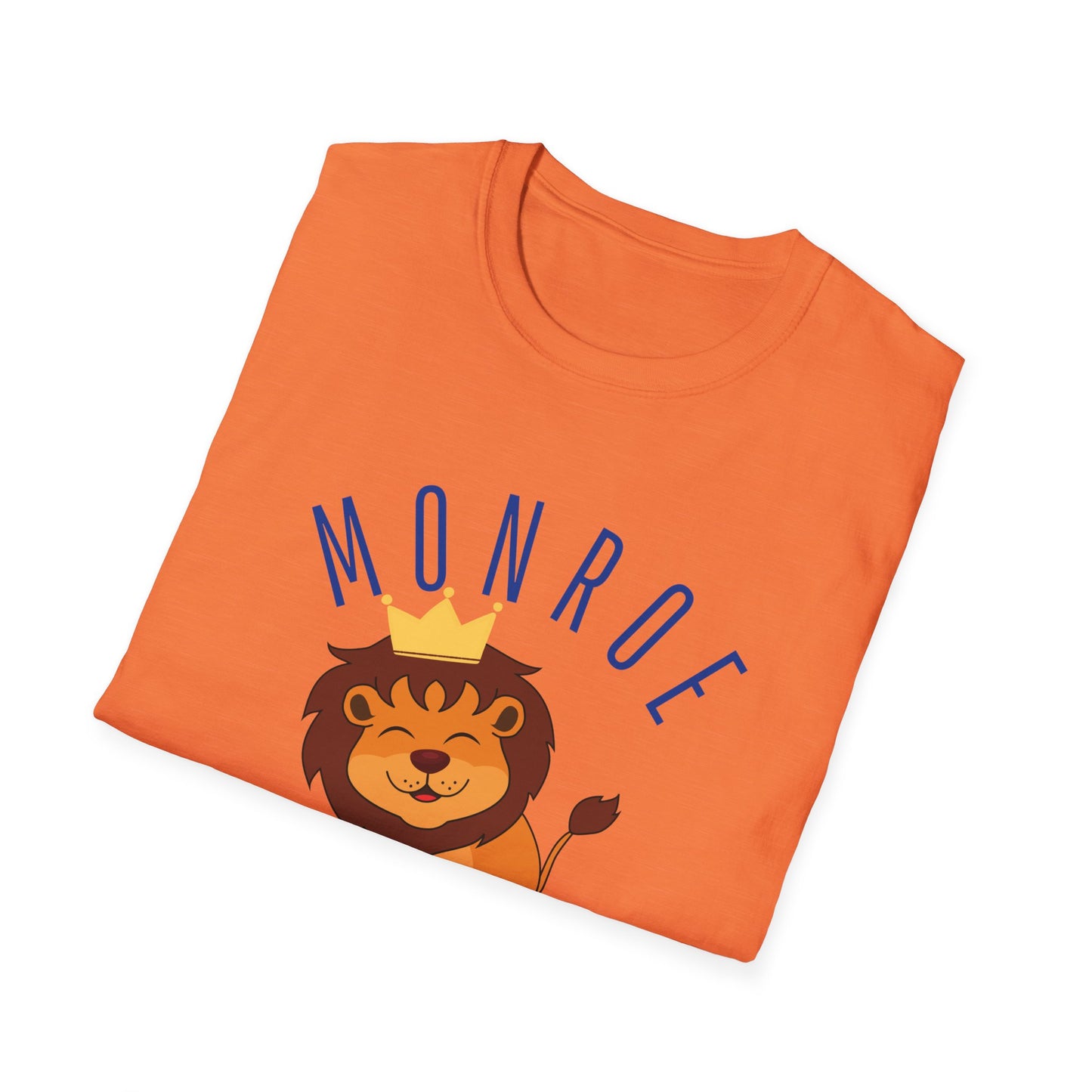 Monroe Monarchs in Blue Lettering with Cute Grinning Lion Adult T-Shirt - Fun & Stylish School Spirit Wear