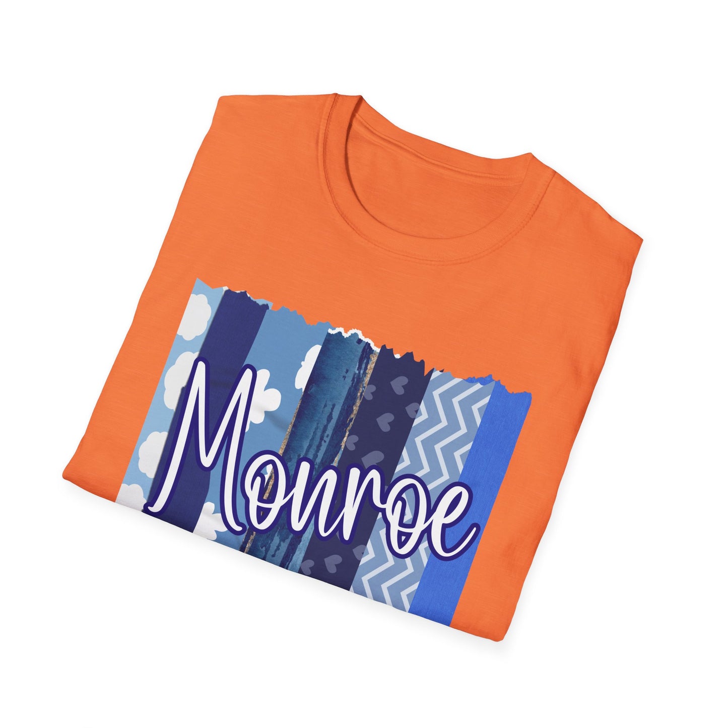 Monroe Blue Patchwork Unisex Softstyle T-Shirt - Perfect for Casual Wear & Gift Giving