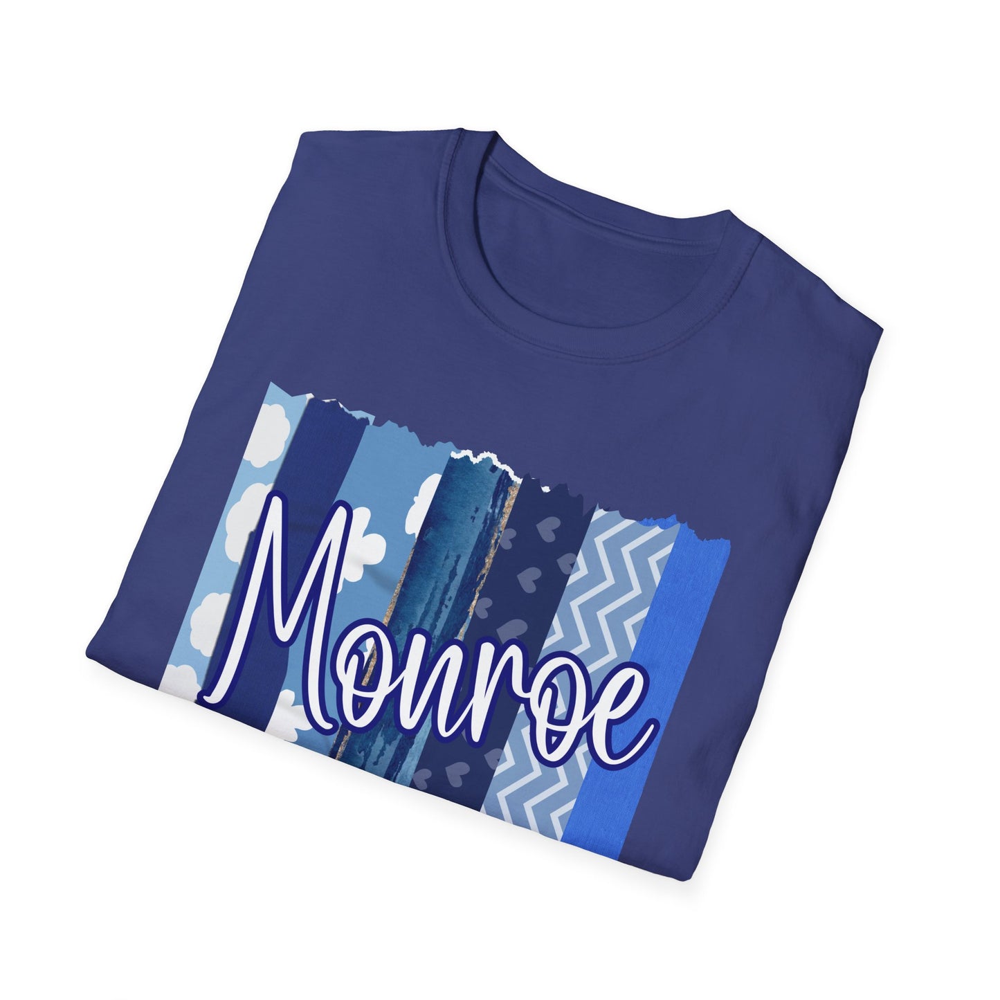 Monroe Blue Patchwork Unisex Softstyle T-Shirt - Perfect for Casual Wear & Gift Giving