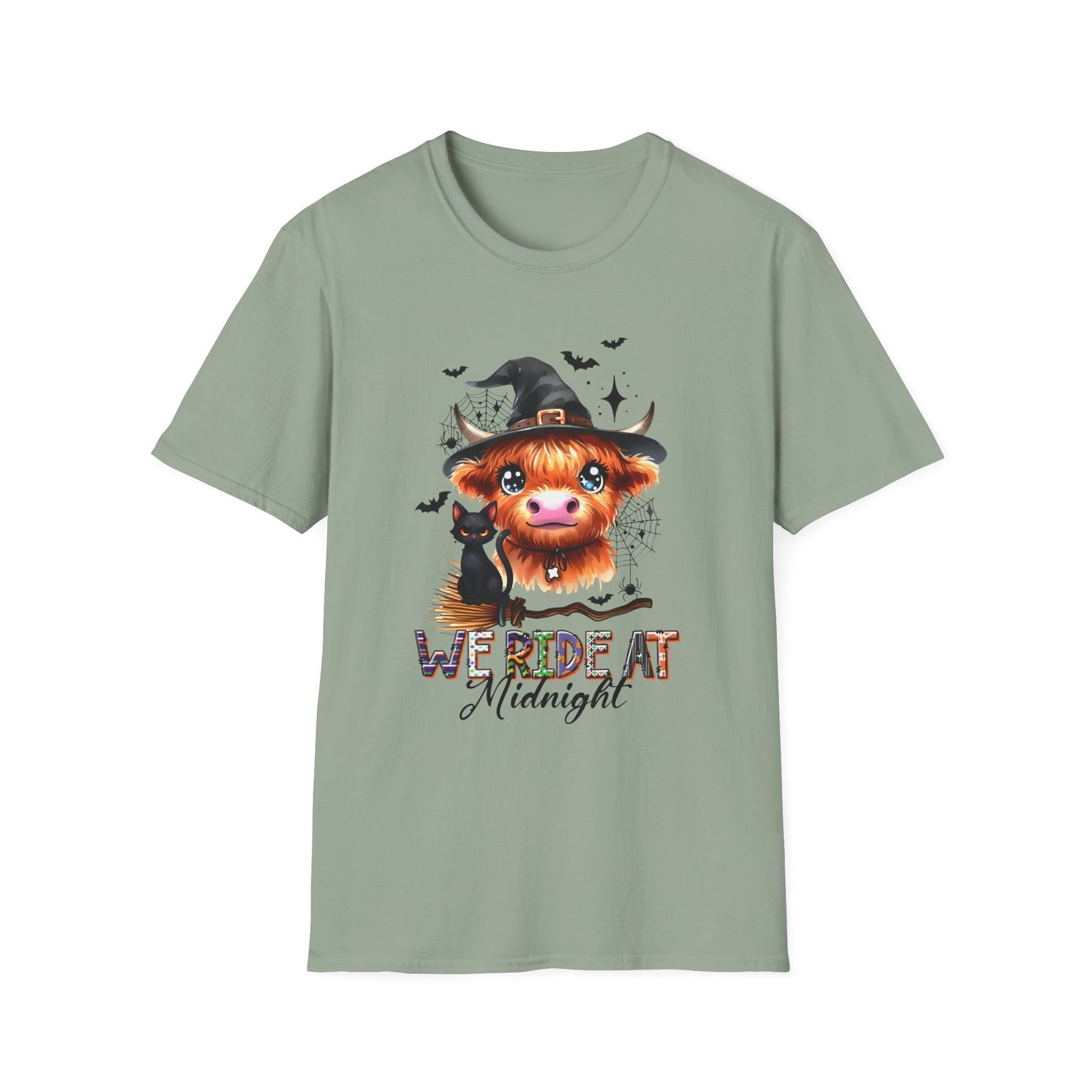 Halloween Cow Graphic T-Shirt - "We're Out at Midnight" - Unisex Softstyle Tee