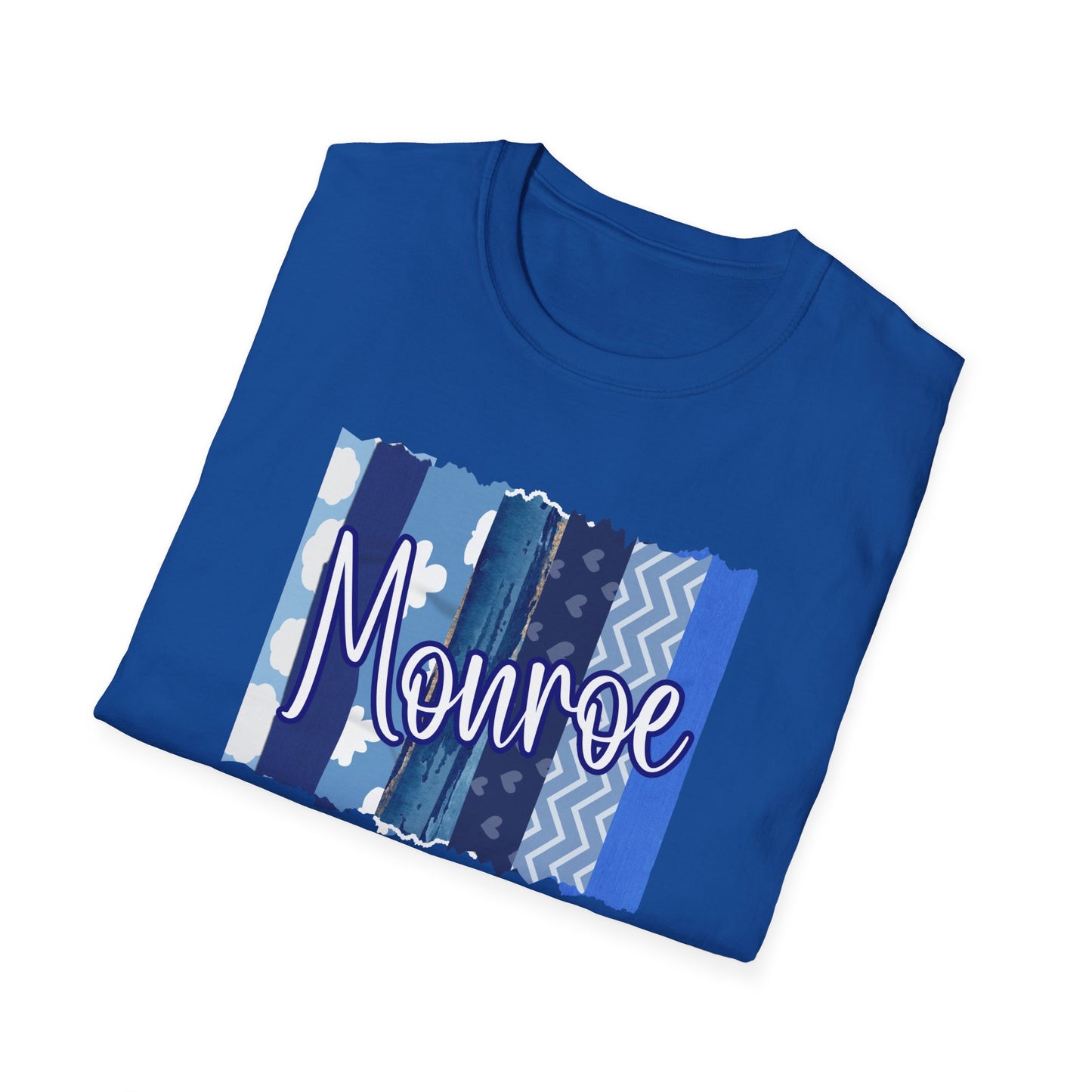 Monroe Blue Patchwork Unisex Softstyle T-Shirt - Perfect for Casual Wear & Gift Giving