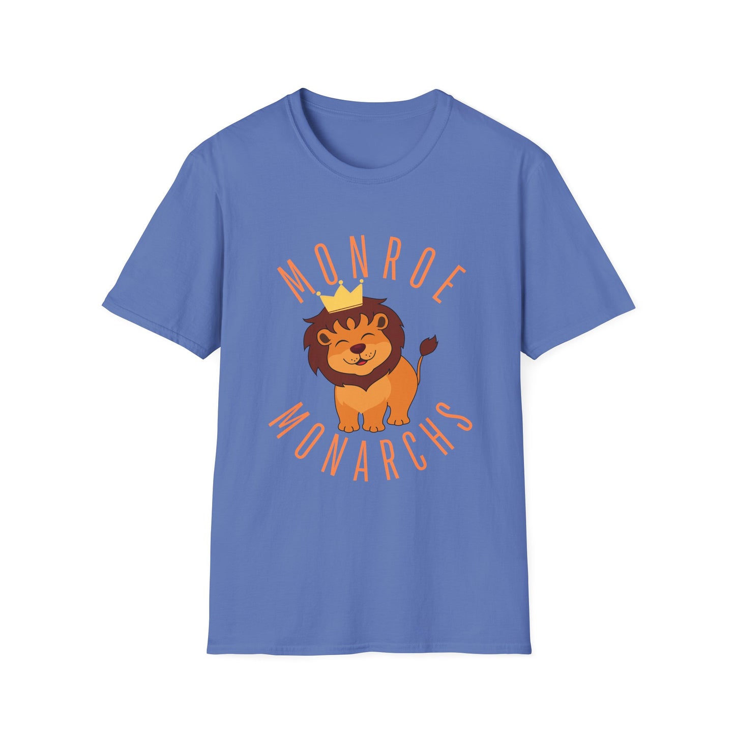 Monroe Monarchs (Orange Lettering) with Cute Grinning Lion Adult Unisex Softstyle T-Shirt