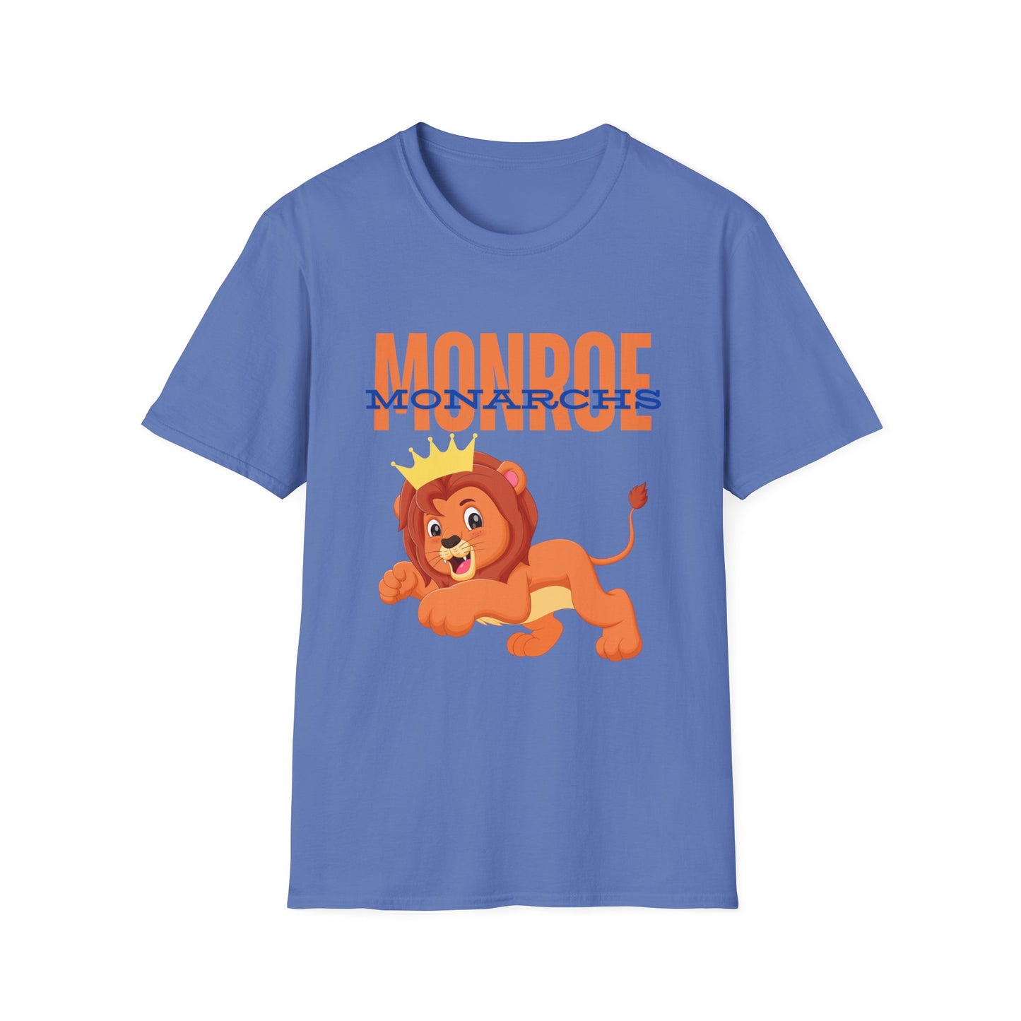 Monroe (Orange) Monarchs (Blue) with Cute Lion Wearing a Crown Leaping Adult Unisex Soft Tshirt