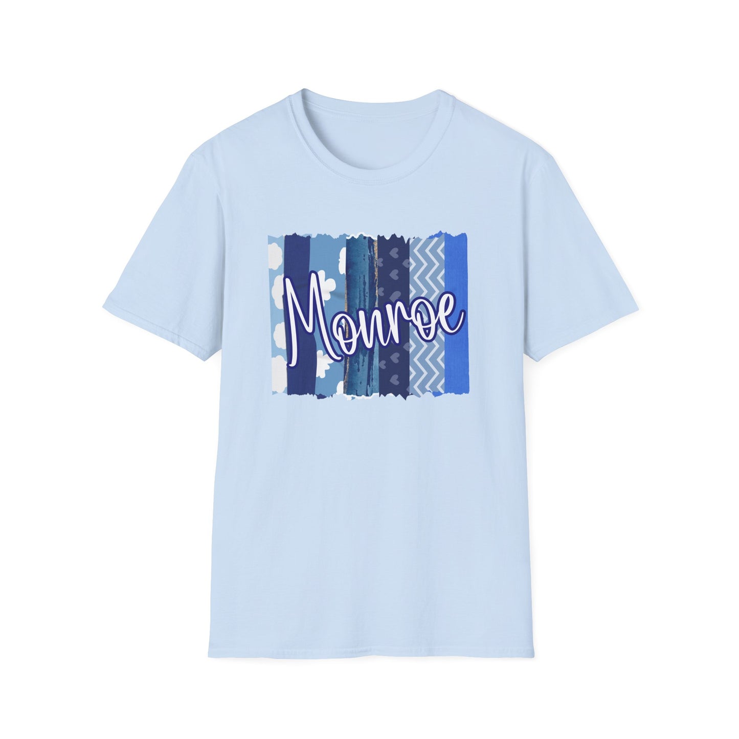 Monroe Blue Patchwork Unisex Softstyle T-Shirt - Perfect for Casual Wear & Gift Giving