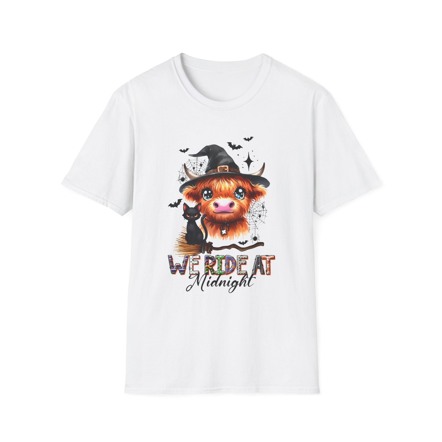 Halloween Cow Graphic T-Shirt - "We're Out at Midnight" - Unisex Softstyle Tee