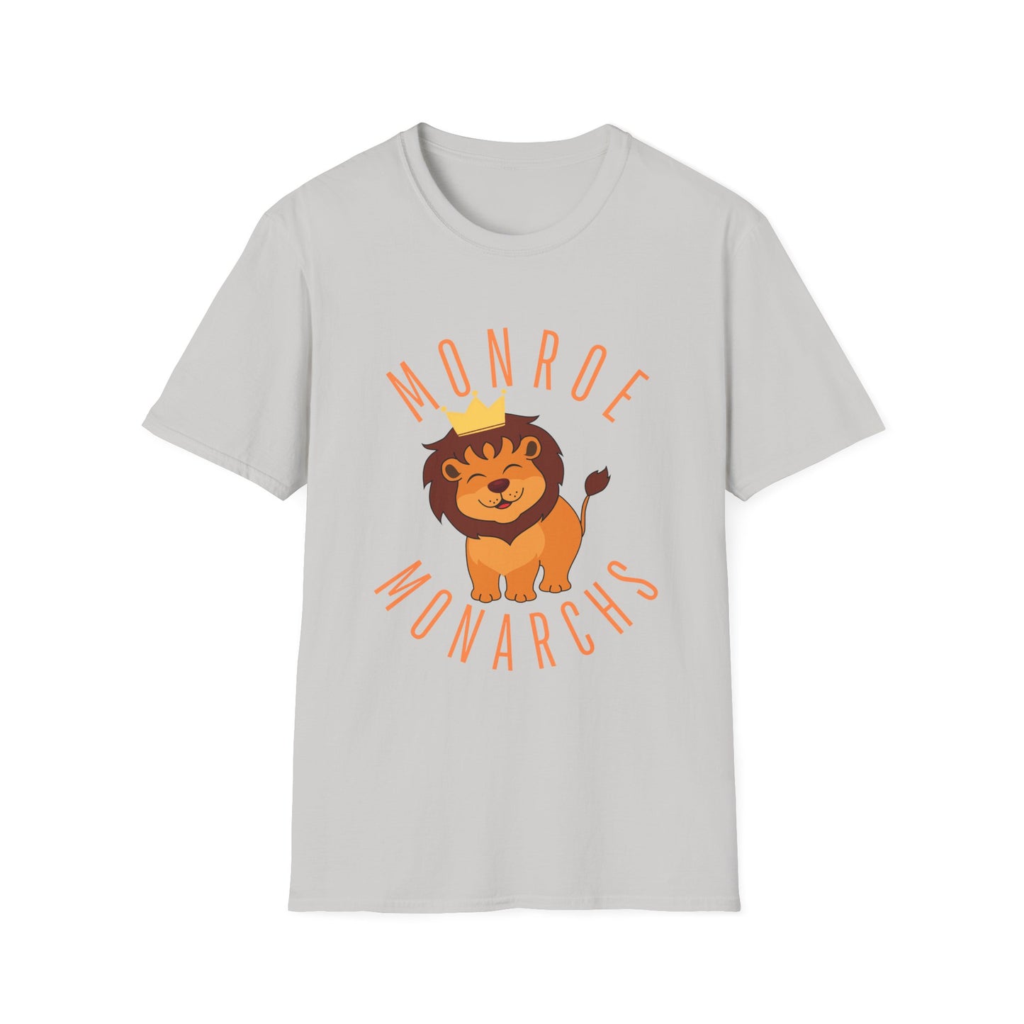 Monroe Monarchs (Orange Lettering) with Cute Grinning Lion Adult Unisex Softstyle T-Shirt