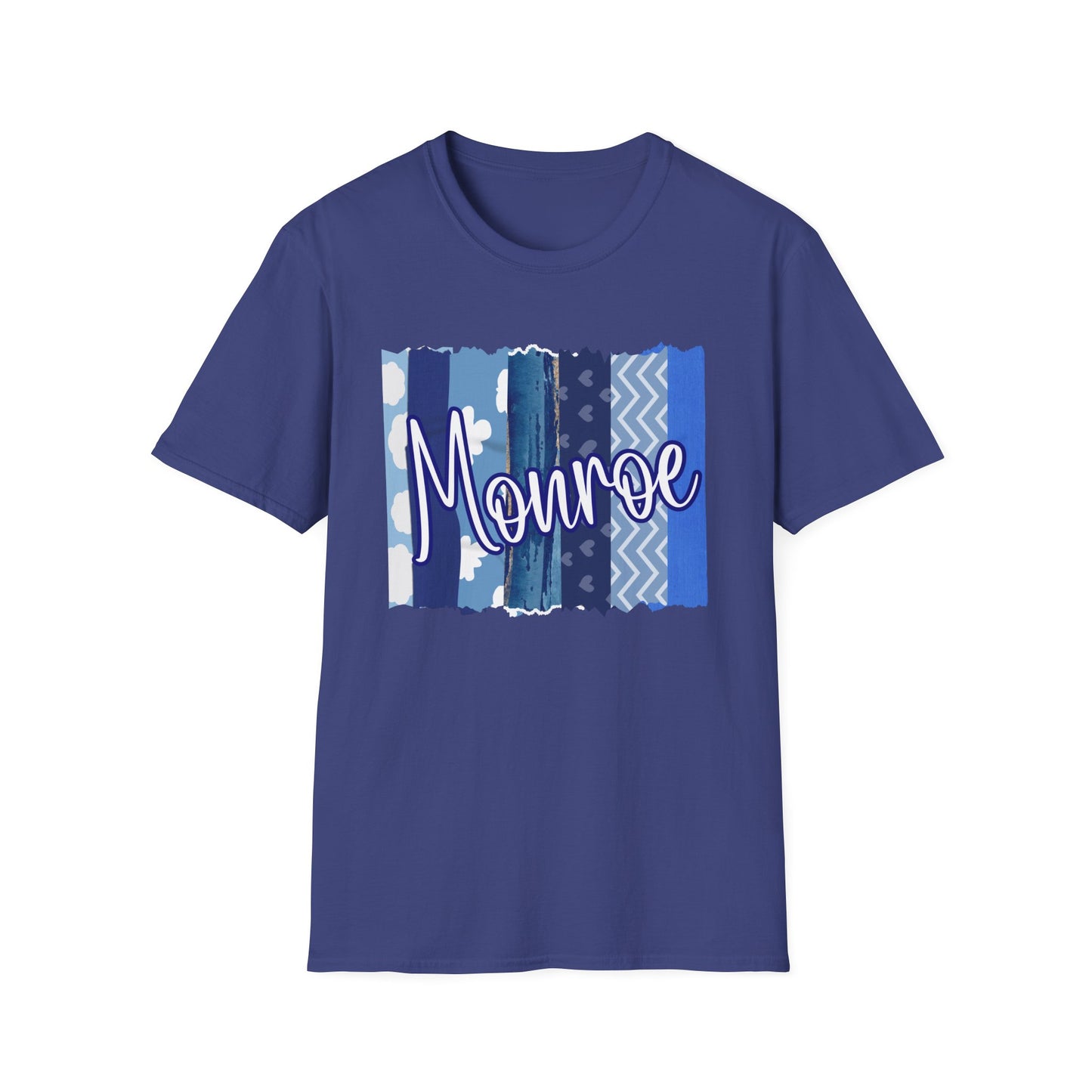 Monroe Blue Patchwork Unisex Softstyle T-Shirt - Perfect for Casual Wear & Gift Giving
