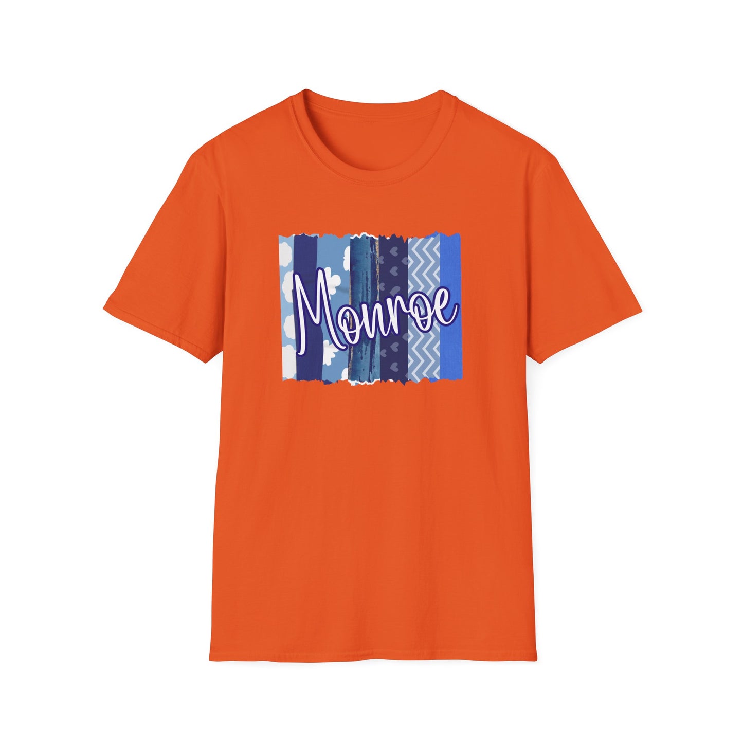 Monroe Blue Patchwork Unisex Softstyle T-Shirt - Perfect for Casual Wear & Gift Giving