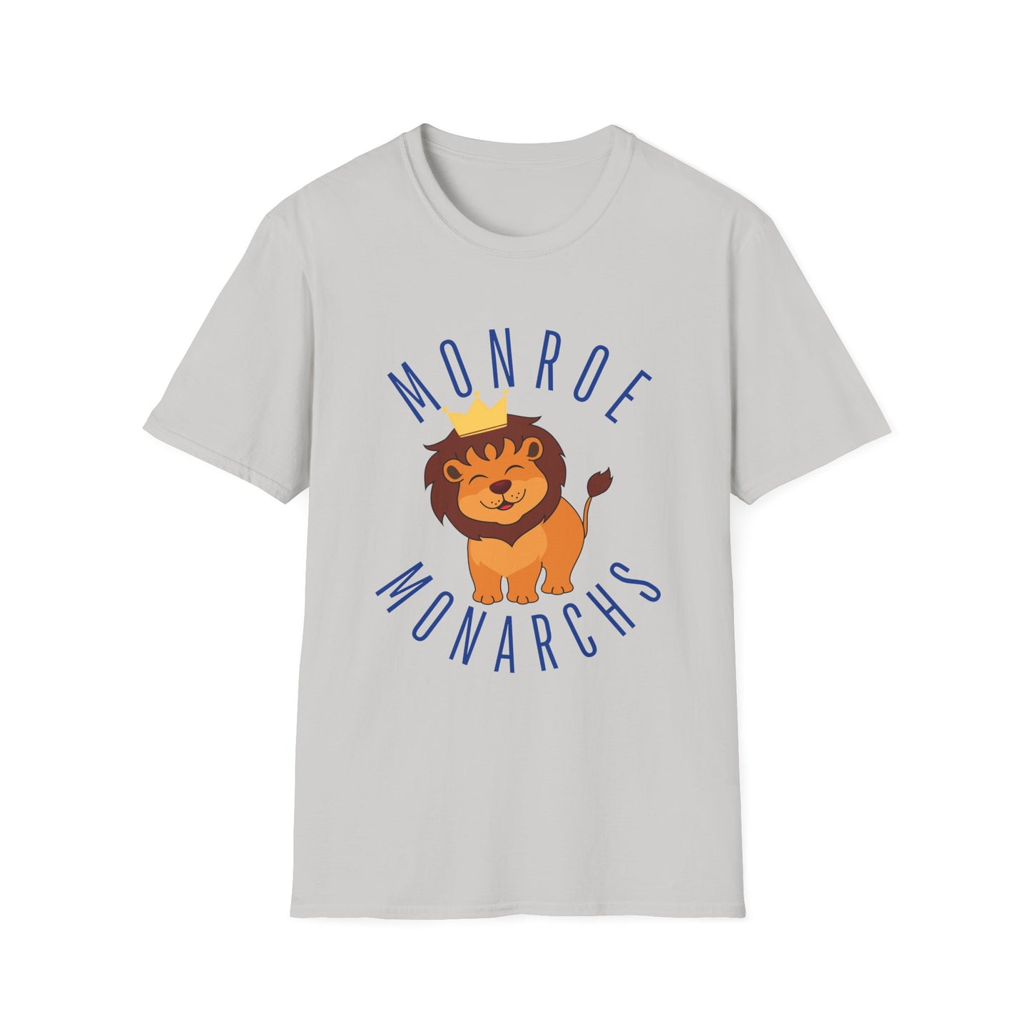 Monroe Monarchs in Blue Lettering with Cute Grinning Lion Adult T-Shirt - Fun & Stylish School Spirit Wear