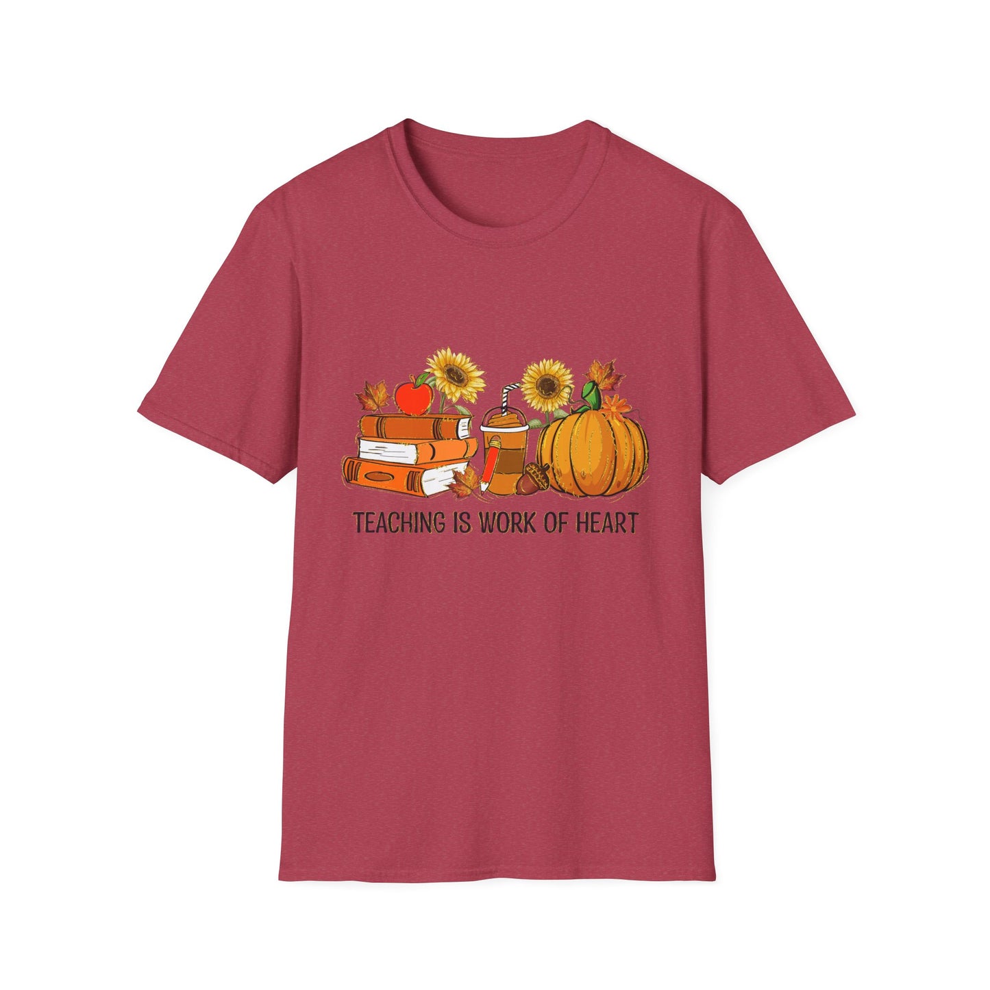 "Teaching is Work of Heart" Fall Teacher Unisex Softstyle T-Shirt - Pumpkin and Sunflower Design for Teachers