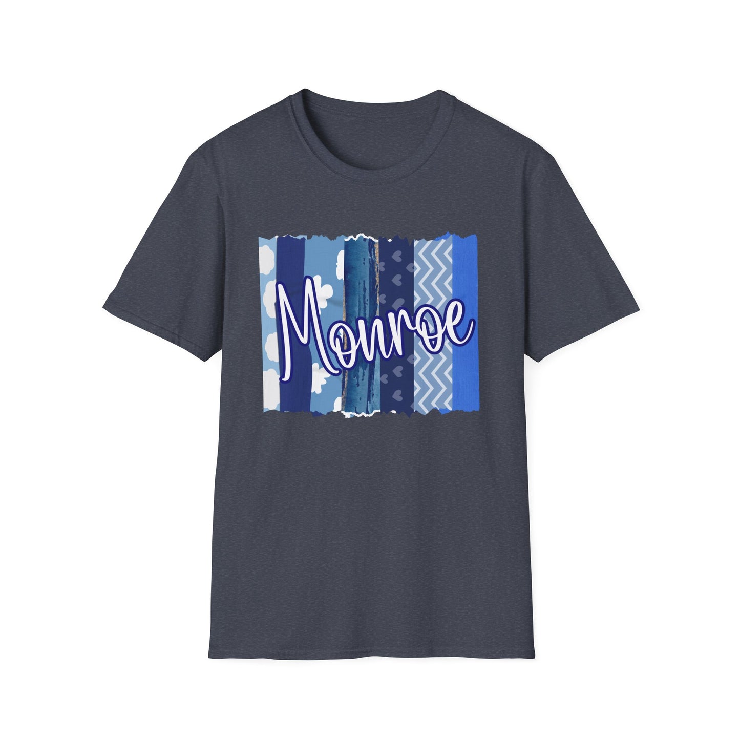 Monroe Blue Patchwork Unisex Softstyle T-Shirt - Perfect for Casual Wear & Gift Giving