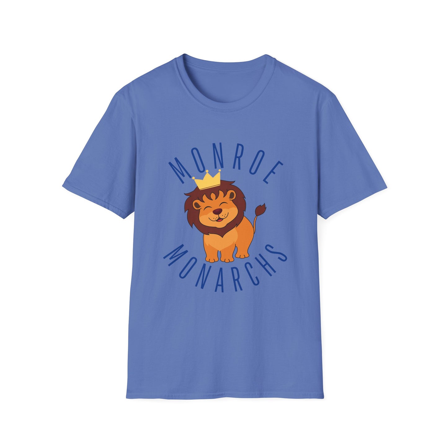 Monroe Monarchs in Blue Lettering with Cute Grinning Lion Adult T-Shirt - Fun & Stylish School Spirit Wear