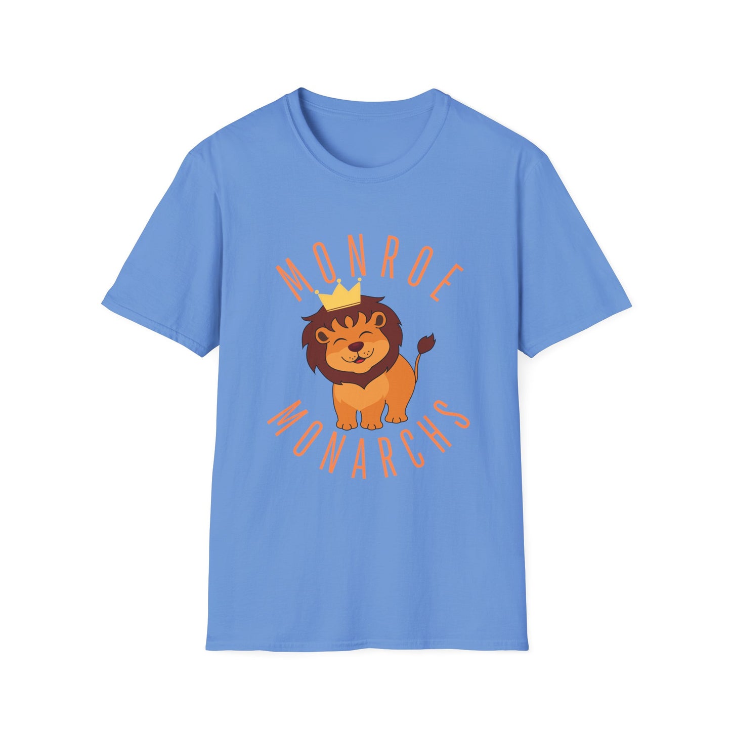 Monroe Monarchs (Orange Lettering) with Cute Grinning Lion Adult Unisex Softstyle T-Shirt