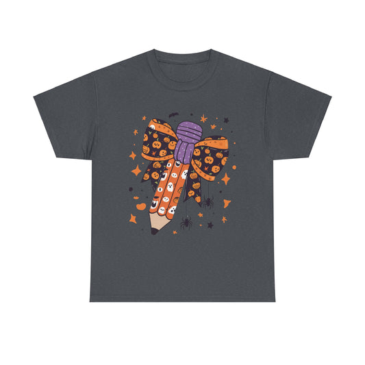 Halloween Pencil Bow School Teacher Unisex Heavy Cotton Tee