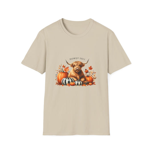 Howdy Fall-Themed Highland Cow Unisex T-Shirt - Cute Pumpkin Design