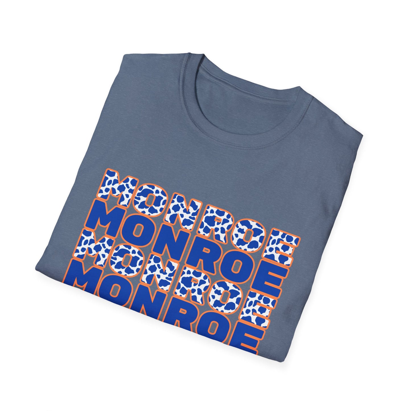 Monroe Graphic Blue Cow Print Unisex Softstyle T-Shirt - Casual Everyday Wear